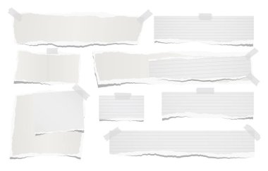 Çizgili ve boş Not, defter kağıt şeritler metin veya beyaz arka plan üzerinde yapışkan bant ile sıkışmış mesaj için sökük