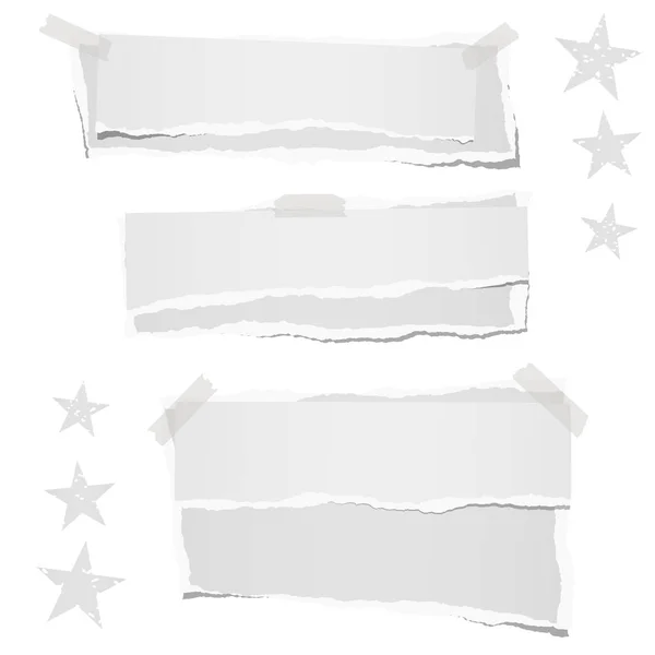 Ripped blank note, notebook stacked paper strips for text or message stuck with sticky tape on white background with star. — Stock Vector