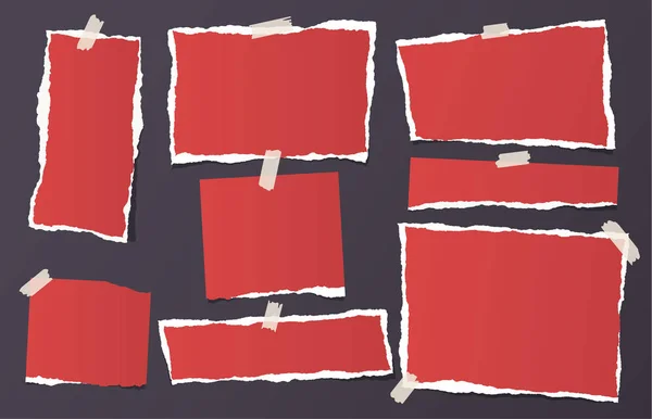 赤い破れた白紙のメモ、ノート テキストまたは黒い背景に粘着テープで立ち往生しているメッセージの短冊. — ストックベクタ