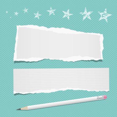 Boş Not, metin veya kalem ve yıldız ile turkuaz arka planda kalmış iletiyi için defter kağıt sökük