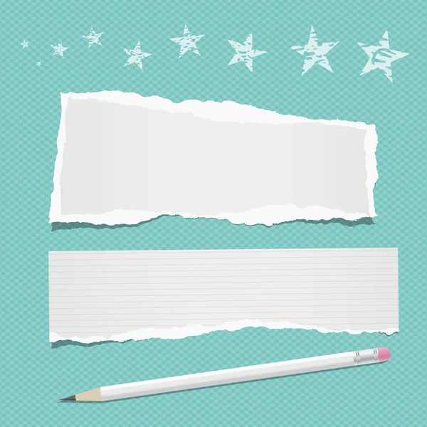 Zerrissene Blankonotiz, Notizheftpapier für Text oder Nachricht auf türkisfarbenem Hintergrund mit Bleistift und Sternen — Stockvektor