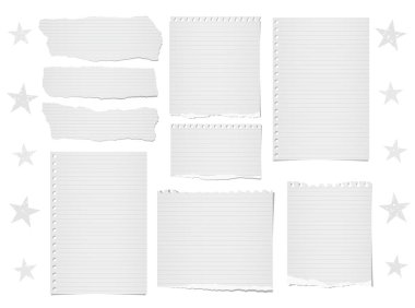 Çizgili Not sökük, defter kağıt şeritler, sayfaları metin veya ileti için sıkışmış beyaz arka plan üzerinde yıldız ile