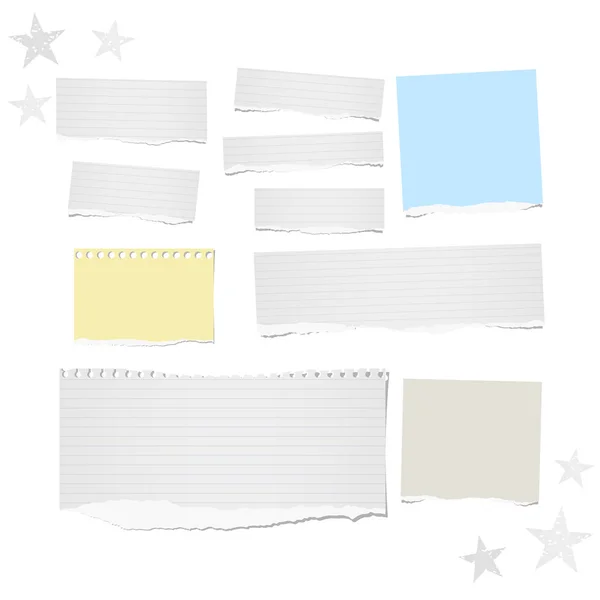 Blanco, colorido rasgado y nota en blanco, tiras de papel de cuaderno, hojas para texto o mensaje con estrellas — Vector de stock