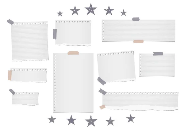 Nota rasgada forrada e em branco, tiras de papel notebook, folhas para texto ou mensagem presa com fita adesiva no fundo branco com estrelas —  Vetores de Stock