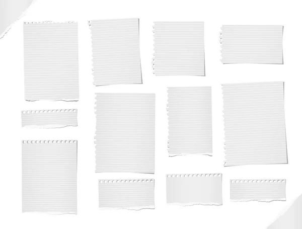 Nota rasgada y en blanco, tiras de papel para cuadernos, hojas para texto o mensaje pegadas sobre fondo blanco — Vector de stock
