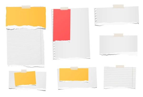 Blanco, nota en blanco rasgada colorido, tiras de papel de cuaderno, hojas para texto o mensaje pegado con cinta adhesiva sobre fondo blanco — Archivo Imágenes Vectoriales
