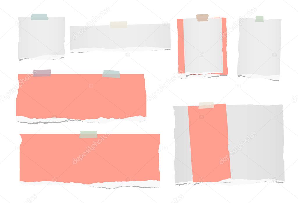 White, colorful ripped blank note, notebook paper strips for text or message stuck with sticky tape on white background