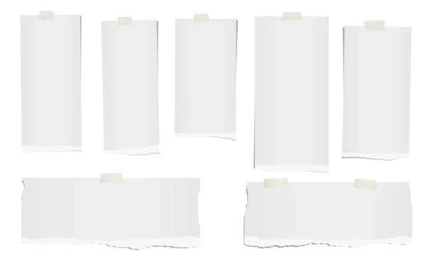 Nota in bianco strappato, strisce di carta per notebook per testo o messaggio bloccato con adesivo, nastro adesivo su sfondo bianco . — Vettoriale Stock