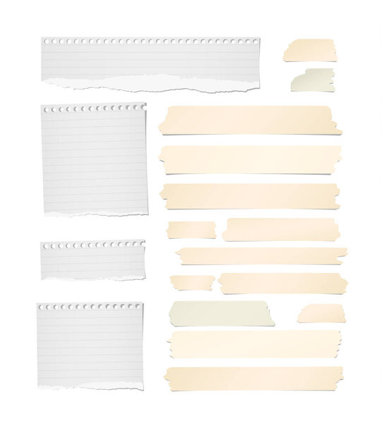 Рваная подкладка записки, блокнот бумажные полоски, листы, чистый клей, липкая лента для текста или сообщения застрял на белом фоне
