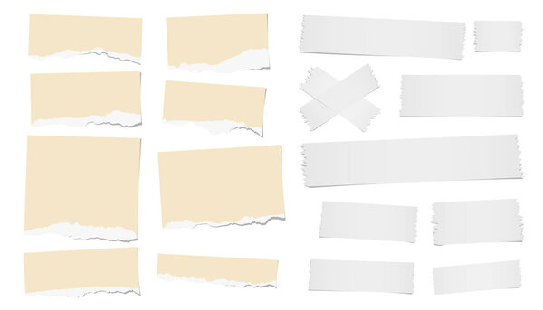 Рваная пустая записка, блокноты, липкая лента для текста или сообщения, застрявшего на белом фоне
