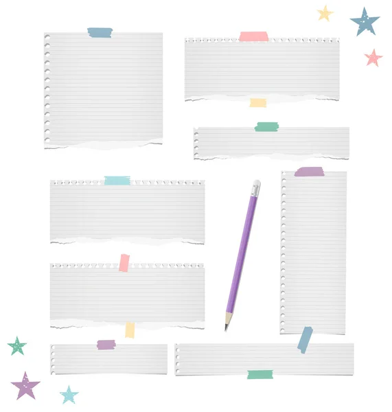 Weiß gerissene linierte Notiz, Notizbuchstreifen, Blatt für Text oder Nachricht mit Klebeband auf weißem Hintergrund mit Bleistift aufgeklebt — Stockvektor