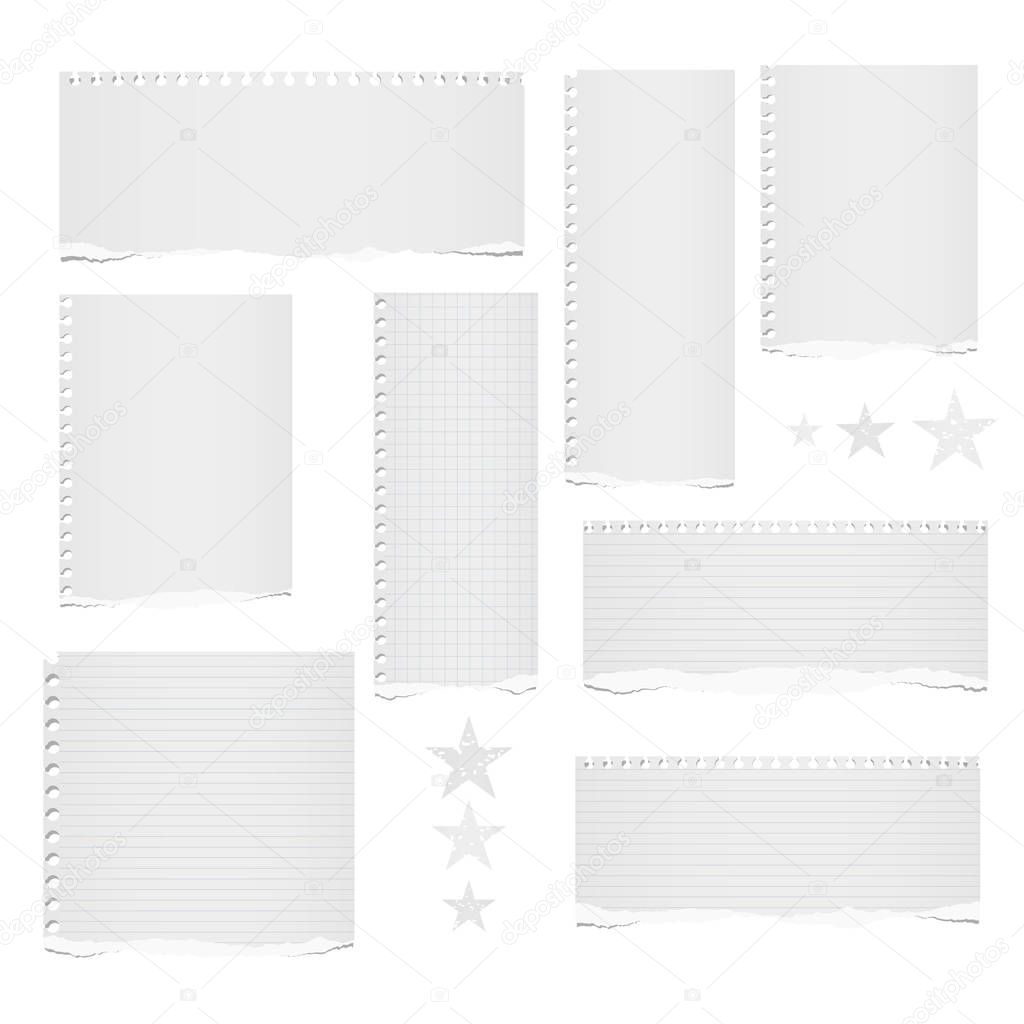 White ripped lined, blank note, notebook paper strips for text or message stuck on white background with stars