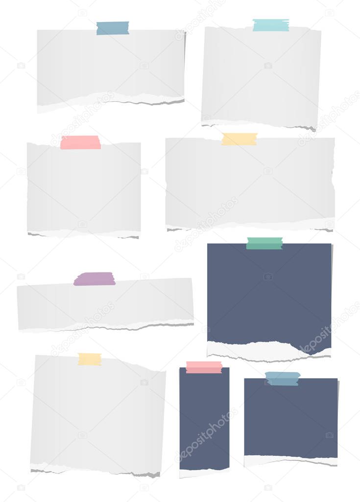 Colorful and white ripped lined, blank note, notebook paper strips, sheets, beige adhesive, sticky tape for text or message stuck on white background