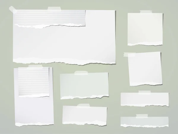 Whitel déchiré blanc, note lignée, bandes de papier pour ordinateur portable pour texte ou message collé avec du ruban adhésif sur fond vert — Image vectorielle