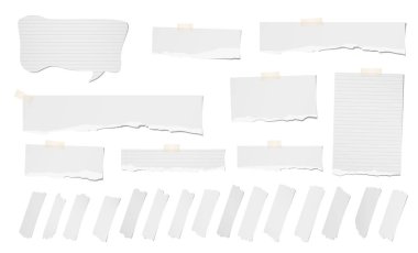 Beyaz boş, Not yırtık sökük, defter kağıt şeritler, sayfaları, konuşma balonu, metin veya beyaz arka plan üzerinde kalmış iletiyi için yapışkan bant
