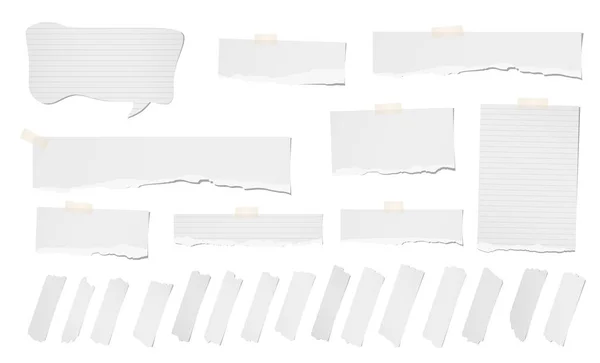 Wit geript leeg, opmerking hebt geript, notebookpapier parkeerstroken, lakens, tekstballon, plakband voor tekst of bericht geplakt op witte achtergrond — Stockvector