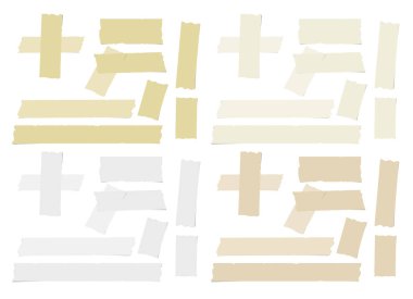 Beyaz ve kahverengi farklı yapışkan, yapışkan bant, kağıt parçaları boyutu.