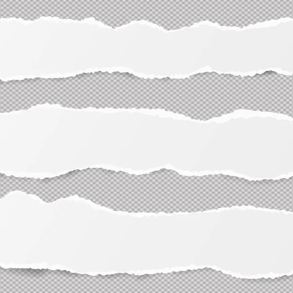 Strisce di carta per note orizzontali bianche strappate per testo o messaggio bloccato su sfondo grigio . — Vettoriale Stock