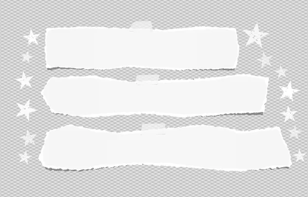 Vit slet tom horisontella anteckning pappersremsor för text eller budskap fast med tejp på grå bakgrund med stjärnor — Stock vektor