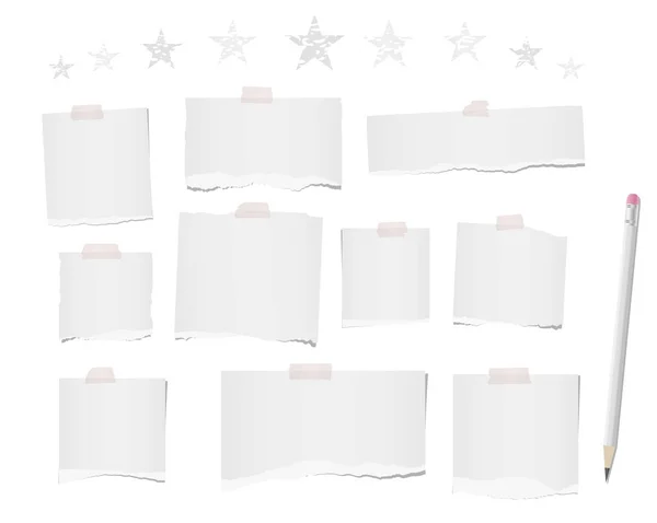 Λευκό άρπαξαν κενή σημείωση, λωρίδες χαρτιού σημειωματάριου, φύλλα για κείμενο ή μηνύματος που έχει κολλήσει με σελοτέιπ σε λευκό φόντο με μολύβι και τα αστέρια στην κορυφή — Διανυσματικό Αρχείο