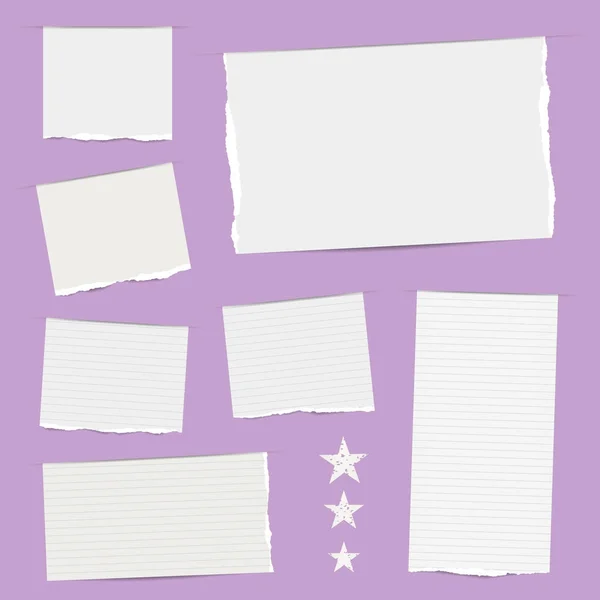 Pieces of torn white blank and ruled copybook strips inserted into cut paper on purple background with stars. — Stock Vector