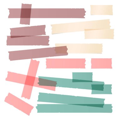 Yeşil, kırmızı, kahverengi farklı boyut yapışkan, yapışkan, maskeleme, koli bandı, beyaz arka plan üzerinde metin için kağıt parçaları