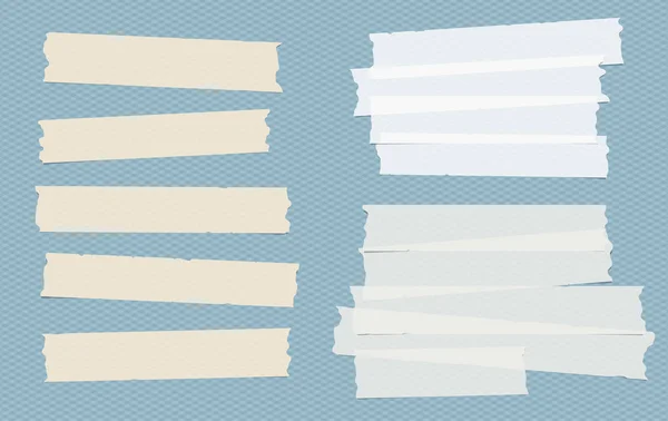 茶色と白の異なるサイズの接着、粘着、マスキング、ダクトテープ、青い四角形の背景の紙片. — ストックベクタ