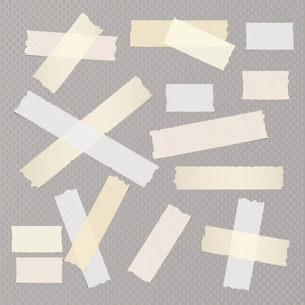 Adhésif brun et blanc de différentes tailles, collant, masquage, ruban adhésif, morceaux de papier sur fond carré gris foncé . — Image vectorielle