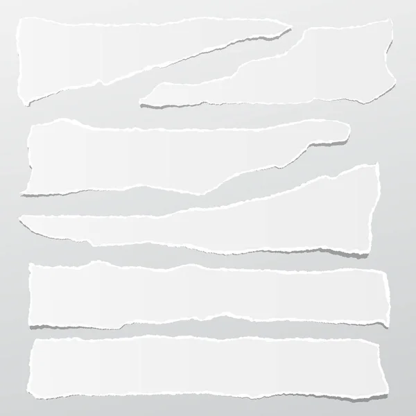 Pieces of torn white note, notebook paper strips stuck on gray background — Stock Vector