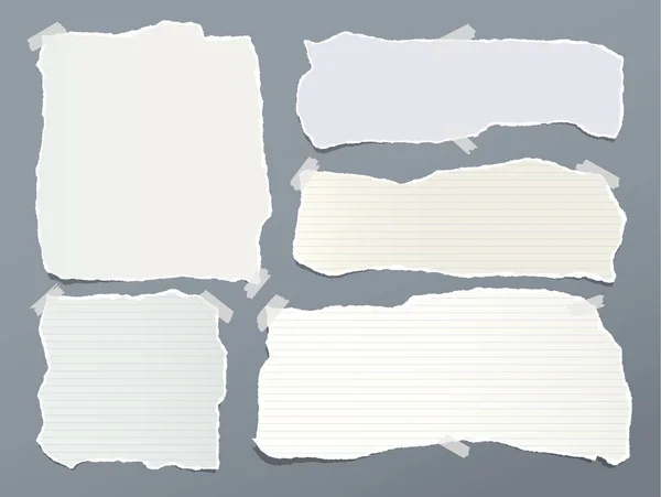 Trozos de verde rasgado, amarillo, nota blanca, tiras de papel de cuaderno pegadas con cinta adhesiva sobre fondo gris — Vector de stock