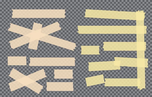 Bruine, gele lijm, kleverige, maskeren, plakband, papieren stukken voor tekst op donkere grijze vierkante achtergrond — Stockvector