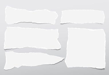 Beyaz Not yırtık, defter kağıt şeritler gri degrade arka plan üzerinde sıkışmış.