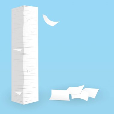 Mavi odada yere uçan beyaz çarşaf kağıt yığınını