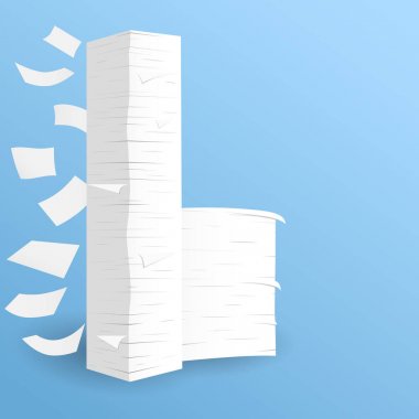 Mavi odada yere uçan beyaz çarşaf kağıt yığınını