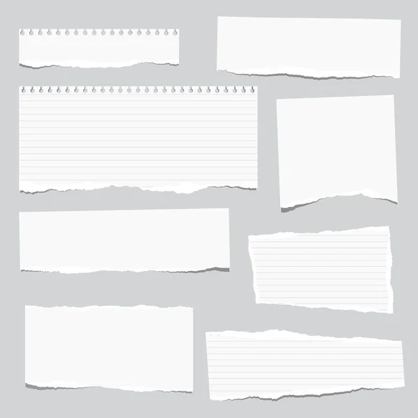 Torn white note, notebook paper strips stuck on gray background. — Stock Vector