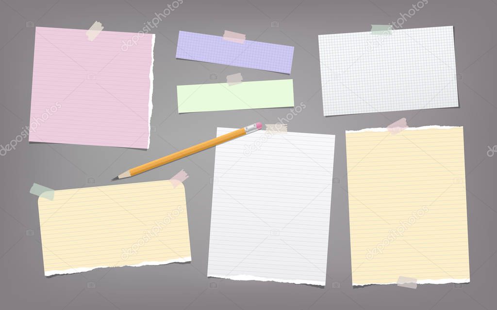 Torn colorful and white note, notebook paper strips, sheets, pencil for text stuck with adhesive tape on dark gray background.
