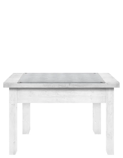 Houten tafel met metalen, aluminiumplaat bovenop is geïsoleerd op een witte achtergrond, wordt gebruikt voor weergave van uw objecten. — Stockfoto