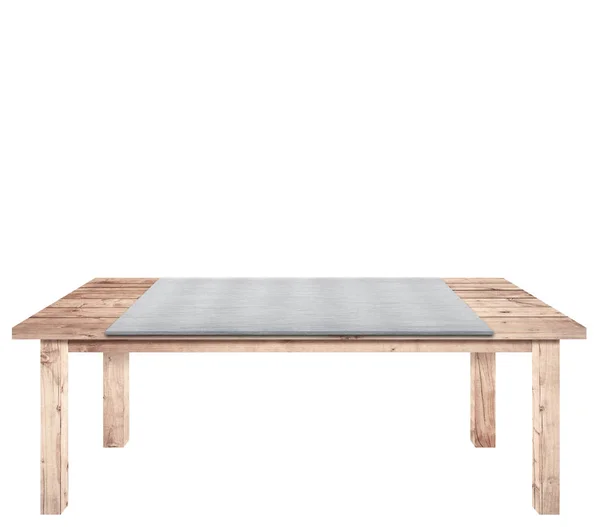 Mesa de madera marrón de tablones con metal, placa de aluminio en la parte superior está aislado sobre fondo blanco, utilizado para mostrar sus objetos . — Foto de Stock