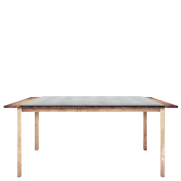 Mesa de madera marrón de tablones con metal, placa de aluminio en la parte superior está aislado sobre fondo blanco, utilizado para mostrar sus objetos . —  Fotos de Stock