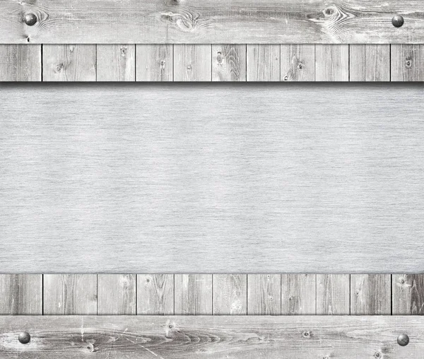 テキストの金属、アルミ プレートで灰色の木製フレームの組成. — ストック写真