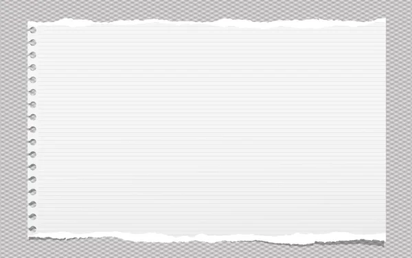 Nota bianca allineata strappata, strisce di carta per notebook per testo incollate su sfondo grigio quadrato . — Vettoriale Stock
