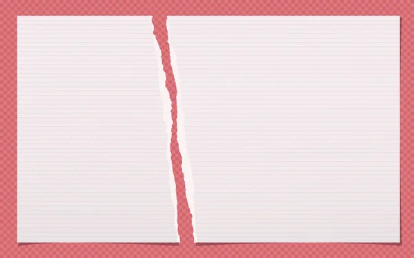 Torn white lined note, cuaderno hojas de papel para texto pegado sobre fondo cuadrado rojo . — Vector de stock