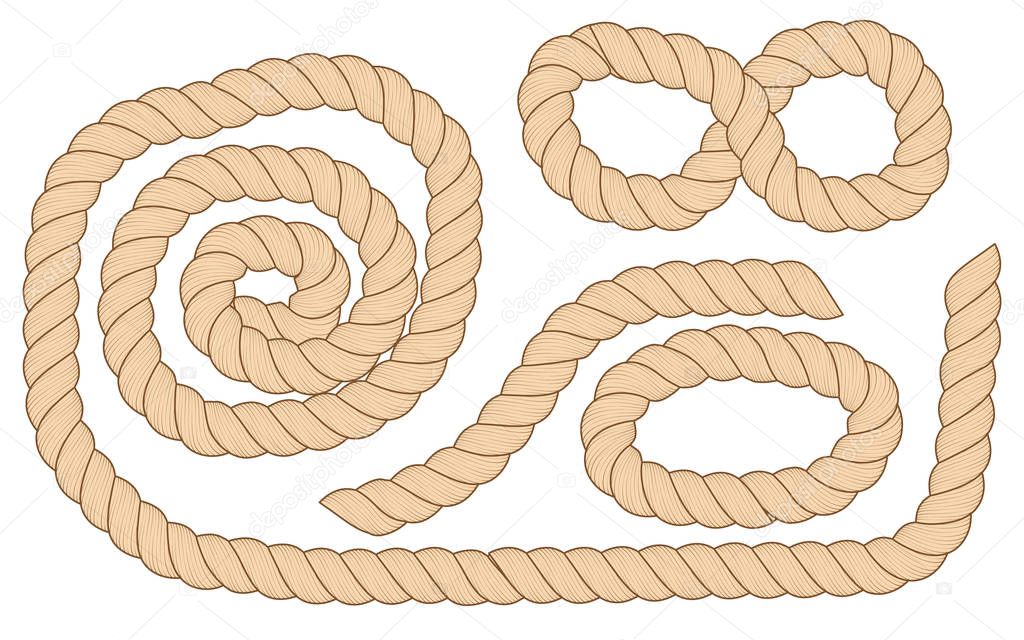 Set of different size, shapes brown ropes are isolated on white background.