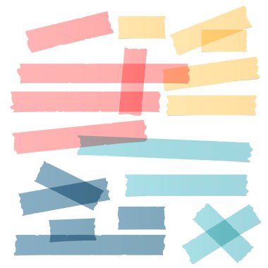 Yeşil, kırmızı, kahverengi farklı boyut yapışkan, yapışkan, maskeleme, koli bandı, beyaz arka plan üzerinde metin için kağıt parçaları