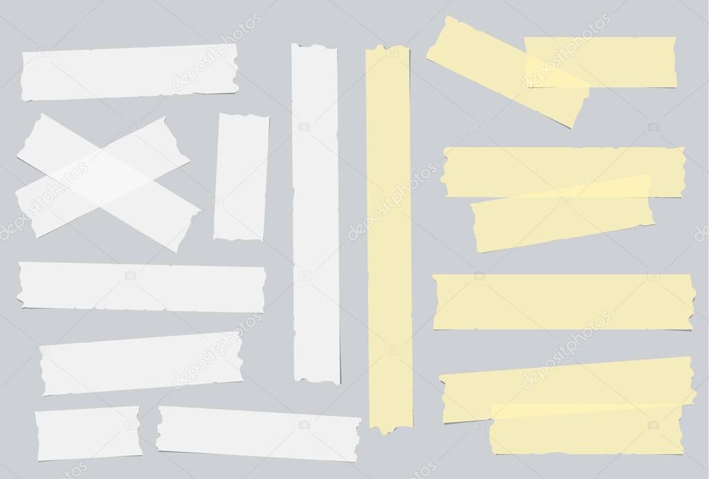 Yellow and white different size adhesive, sticky, masking, duct tape, paper pieces on gray background.