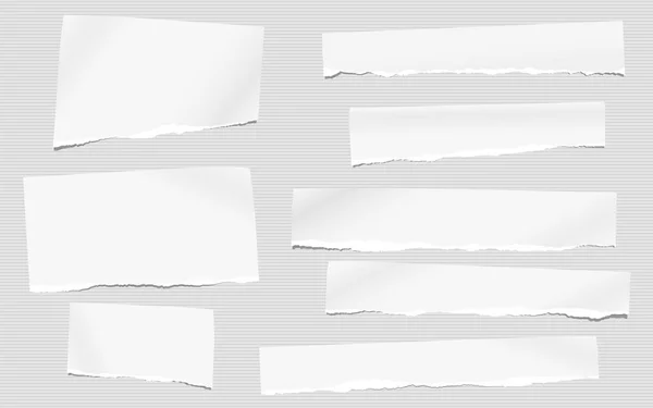 Stück zerrissener weißer Blanko-Zettel, Notizbuch für Text auf grauem gestreiften Hintergrund aufgeklebt. — Stockvektor