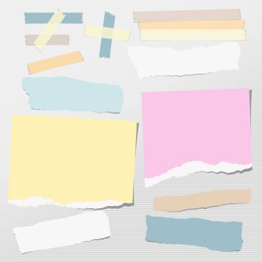 Renkli pastel Not yırtık, metin gri arka plan üzerinde yapışkan bant ile şaşırıp kalmış için defter kağıt şeritler. Vektör çizim