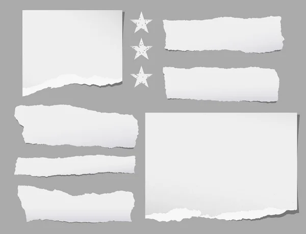 Roztrhané bílé Poznámka, linkovaný pásy pro text přilepená na šedém pozadí s hvězdami. Vektorové ilustrace — Stockový vektor