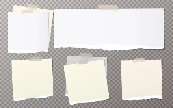 Trozos de nota blanca desgarrada, tiras de papel de cuaderno para texto pegado con cinta adhesiva sobre fondo cuadrado gris. Ilustración vectorial . — Vector de stock