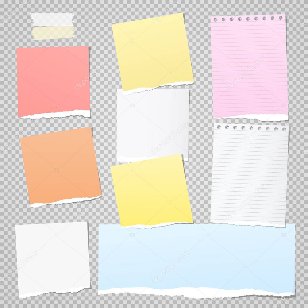 Pieces of torn colorful note, notebook paper strips for text stuck on gray squared background. Vector illustration.
